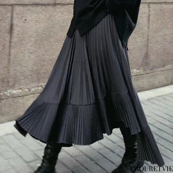 レイヤード風アシンメトリープリーツロングスカート ブラック 黒 /レディース モレビー|モード系ファッションブランド